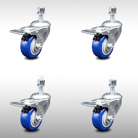 Service Caster 3.5 Inch SS Blue Poly Swivel 12mm Threaded Stem Caster Set Total Lock Brake SCC-SSTSTTL20S3514-PPUB-BLUE-M1215-4